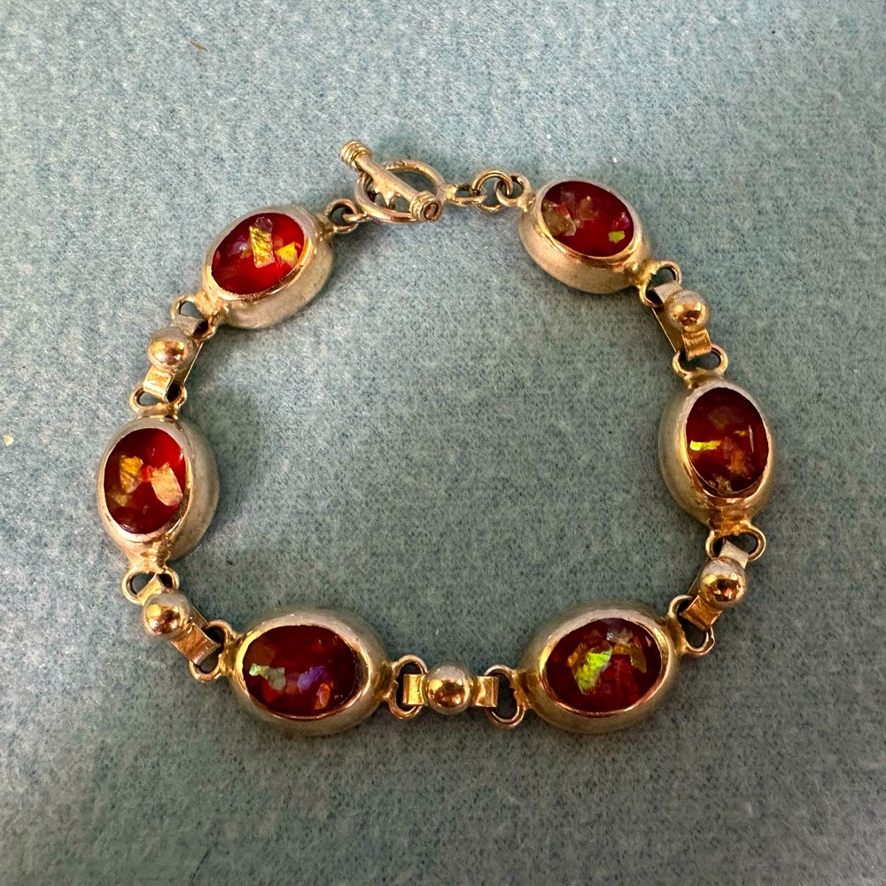 Vintage TAXCO Mexico Sterling Silver Bracelet with Red glass opals